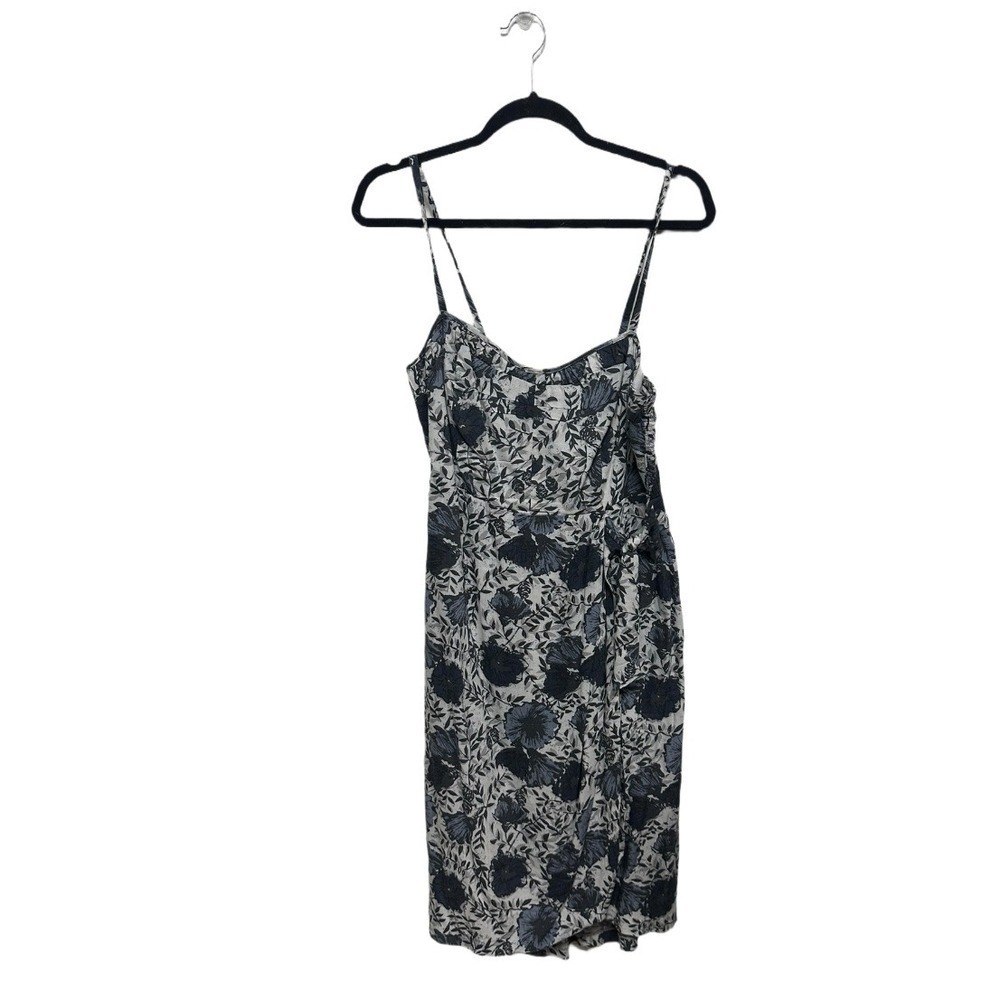 Free People Size 12 Blue Floral Print Sweetheart Neck Wrap Skirt Midi Dress